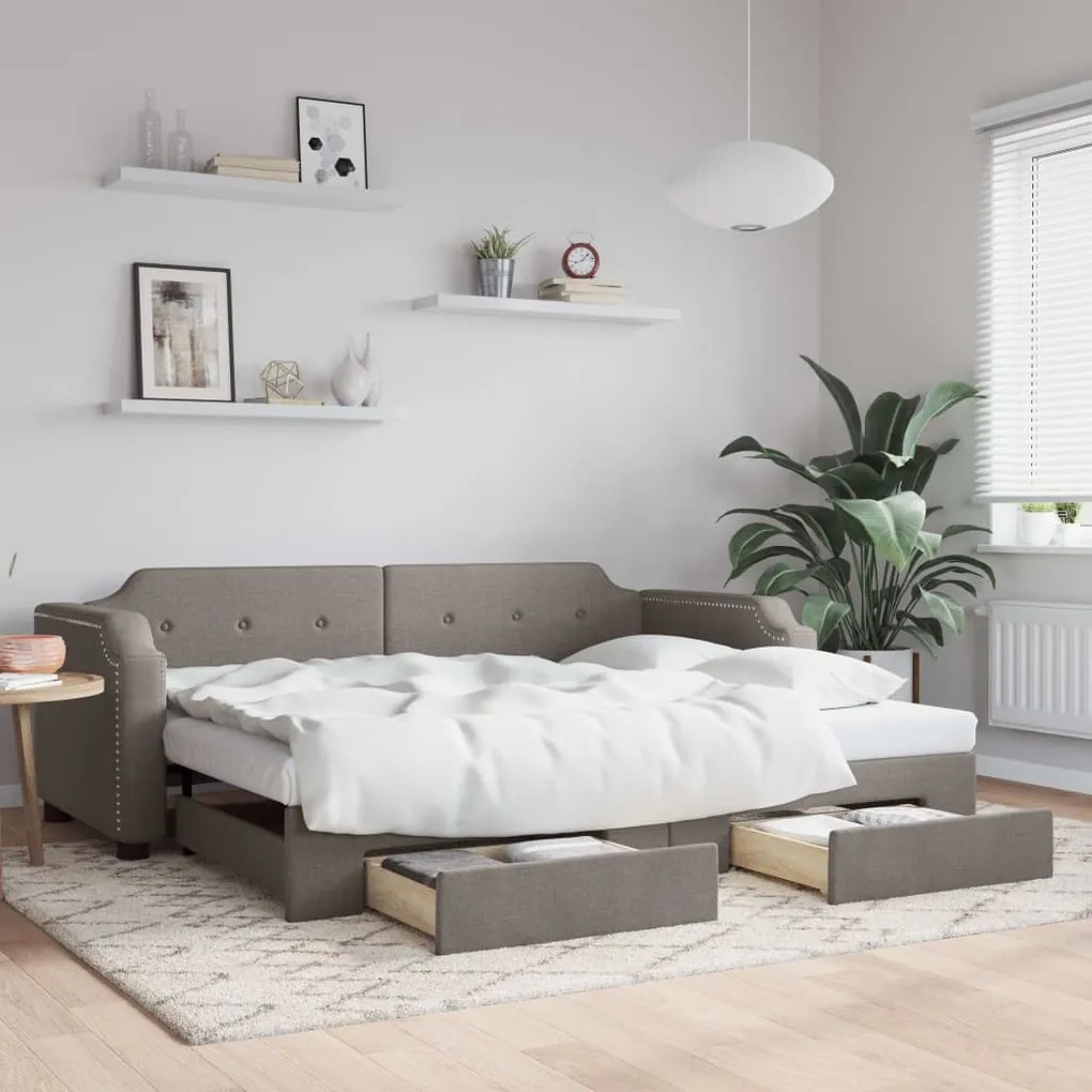 vidaXL Pat de zi cu extensie și sertare, gri taupe, 90x200 cm, textil
