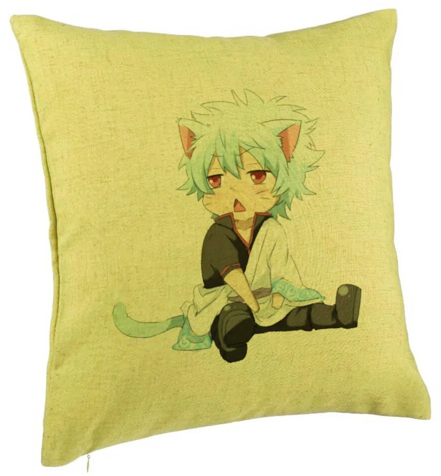 Perna Decorativa cu Gintama Gin Cat, 40x40 cm, Verde, Husa Detasabila, Burduf