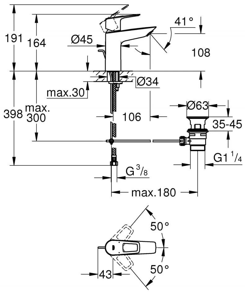 Baterie lavoar Grohe Bauloop, marima M, set evacuare cu tija, crom, furtunuri flexibile-23762001