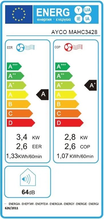Aparat de aer conditionat portabil Ayco MAHC3428, 12000 BTU, Clasa A, Pana la 24 m², 450 m³, 64 dB, Comanda tactila, Alb