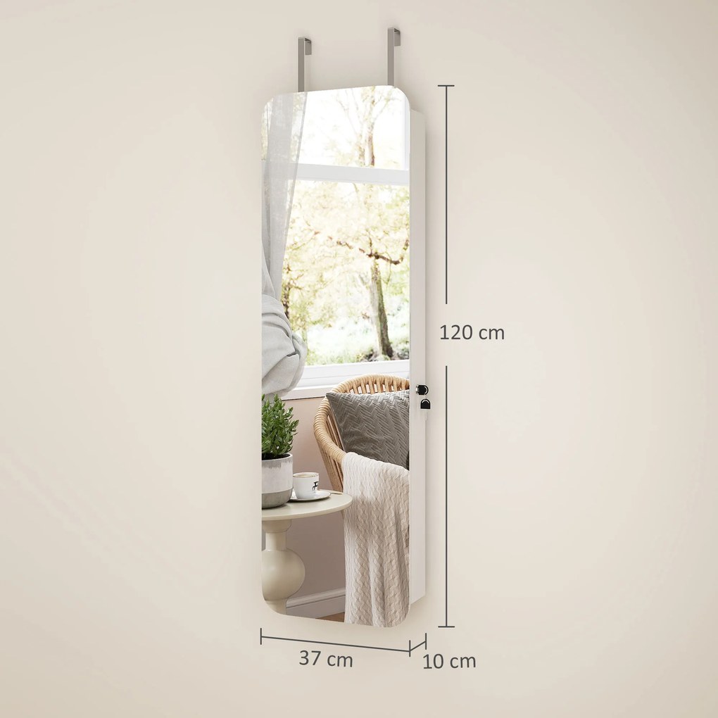 HOMCOM Dulap pentru Bijuterii Montabil pe Perete cu Oglindă Internă și LED-uri, Înălțime 120 cm, Economisire Spațiu, Sertare, Încuietoare și Cheie, Poliță Rabatabilă, Alb și Negru | Aosom Romania
