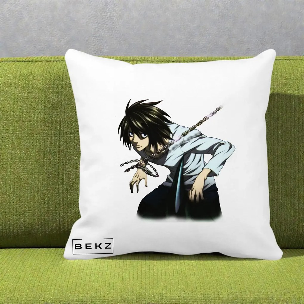 Perna Personalizata Death Note L Lawliet Lanturi, 40x40 cm, Alba Mata, Husa Detasabila, Perna Inclusa, BEKZ®