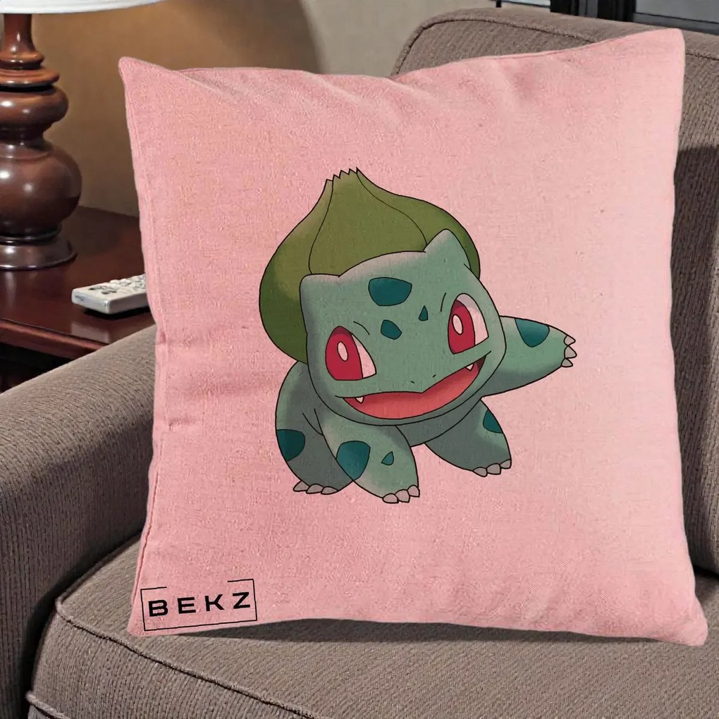 Perna Personalizata Bulbasaur Pokemon, 40x40 cm, Roz, Husa Detasabila, Perna Inclusa, BEKZ®