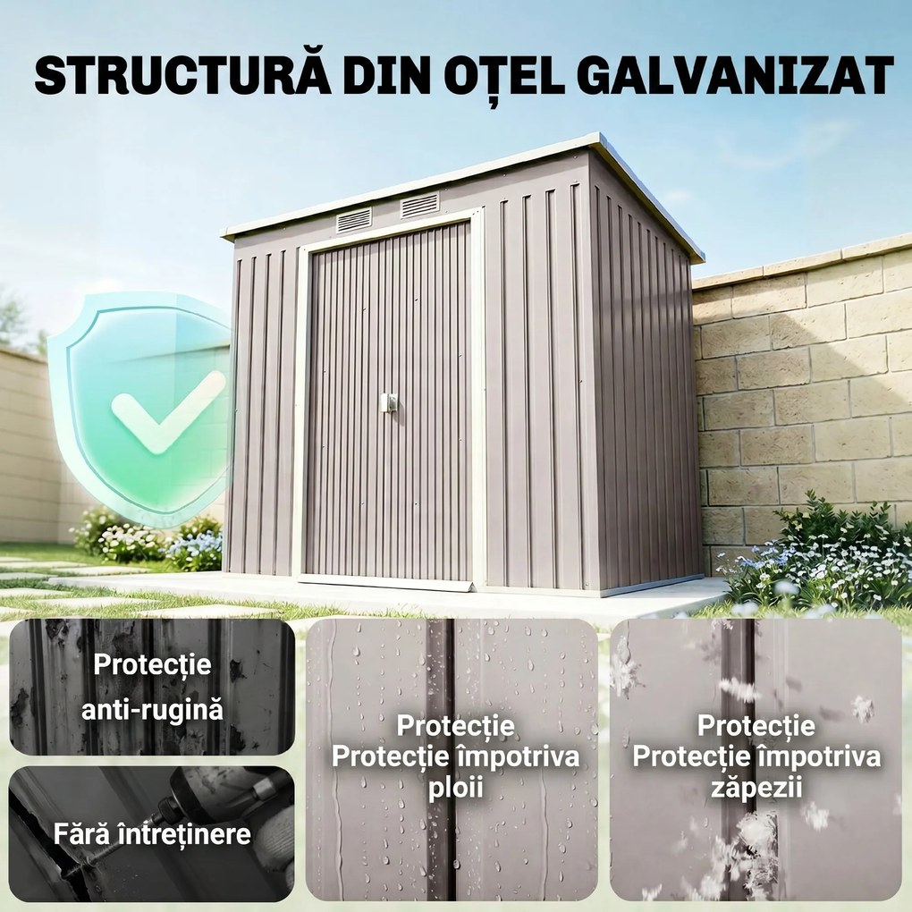 Outsunny Magazie Grădină pentru Unelte cu Acoperiș Înclinat, Metalică, Ușă Dublă și Fante de Ventilație, 213x130x172 cm | Aosom România