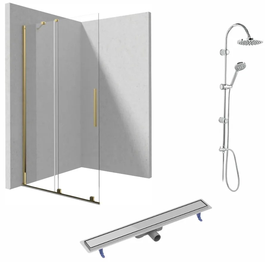 Set paravan dus walk-in cu usa glisanta, 90x195 cm, auriu lucios, Deante Prizma, rigola cu capac faiantabil reversibil din otel si coloana de dus crom