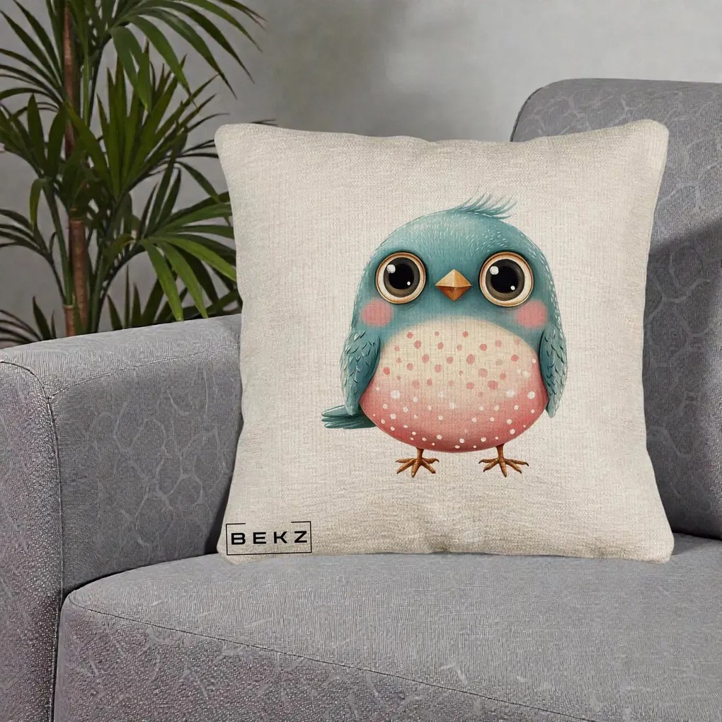 Perna Decorativa Pasare Teal-Roz cu Pete, 40x40 cm, Bej Canapea, Husa Detasabila, Perna Inclusa, BEKZ®