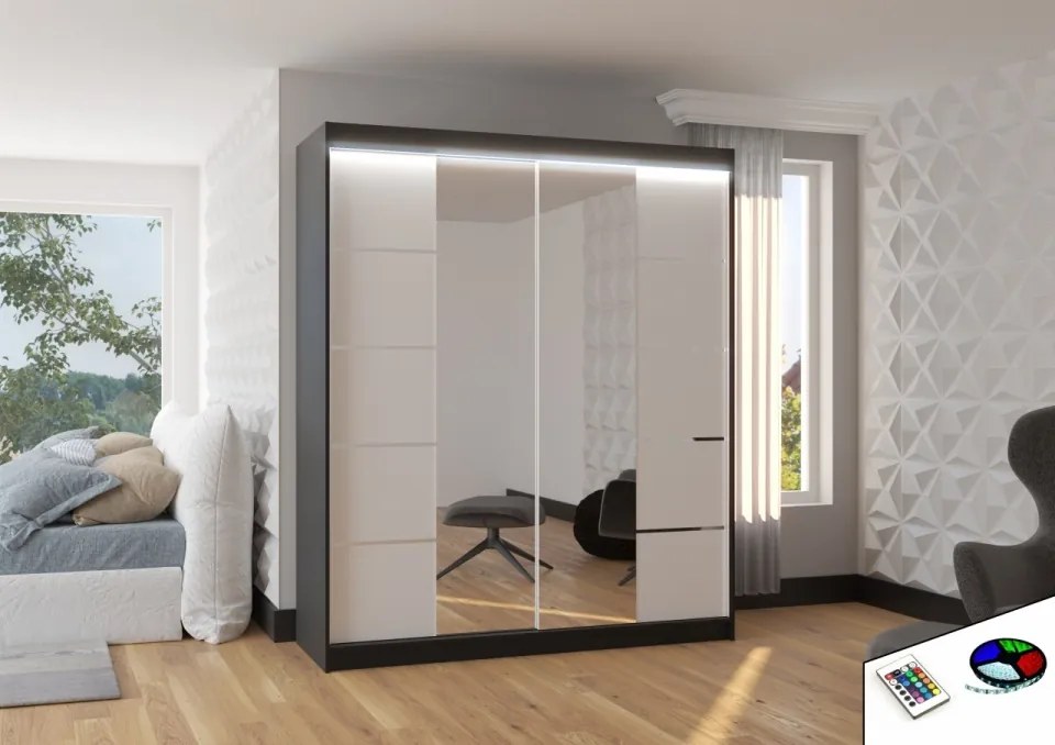 Dulap cu usi glisante si oglinda + iluminare LED, Traves 180 + LED, 180 cmx200 cmx58 cm, ADRK Furniture (Culoare: Ciocolata)