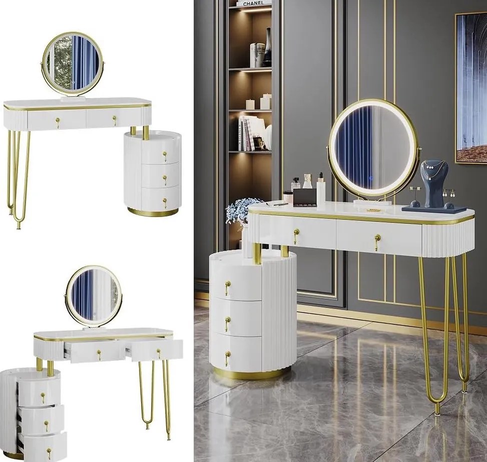 Masuta machiaj cu Oglinda LED si 5 Sertare pentru Cosmetice, Set Masa toaleta 100 cm, Alb, masuta cosmetica, vanity - SEA422