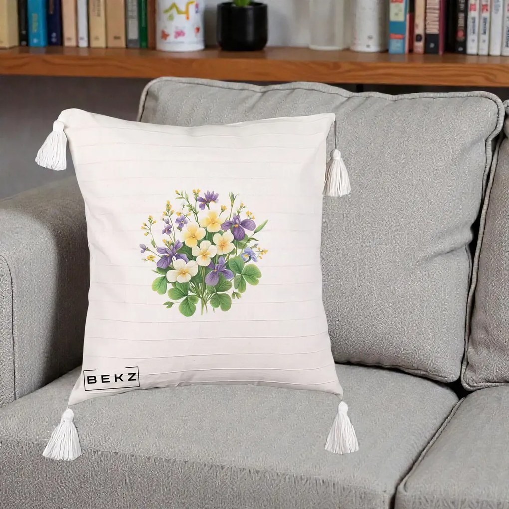 Perna Decorativa Viorele Iris Violet si Trifoi, 40x40 cm, Bej cu Franjuri, Husa Detasabila, Perna Inclusa, BEKZ®