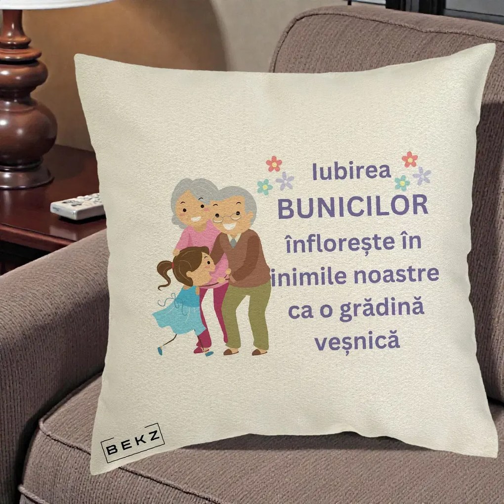 Cadou pentru Bunici - Perna Personalizata Bunicii Iubirea Infloreste Bunici cu Nepoata Colorat, 40x40 cm, Ecru, Husa Detasabila, Perna Inclusa, BEKZ®