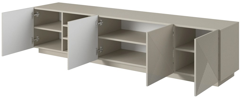 Comodă TV Asha 200 cm cu partea frontală canelat și nișă – bej cashmere