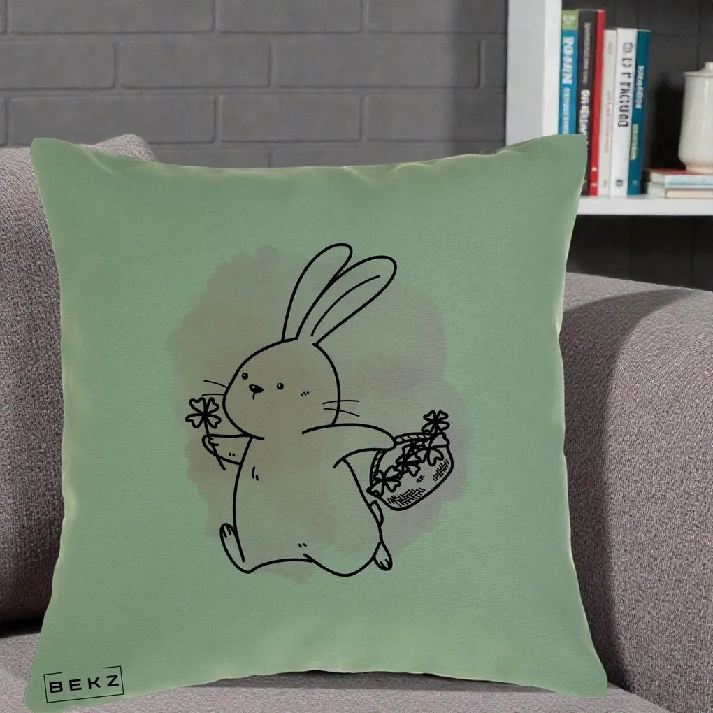 Perna Decorativa Iepuras Kawaii cu Cosulet Floral, 40x40 cm, Verde, Husa Detasabila, Perna Inclusa, BEKZ®