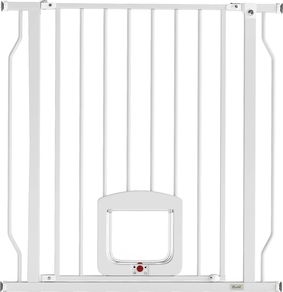 PawHut Poartă pentru Câini și Pisici Extensibilă cu Ușă Integrată, Poartă din Oțel și ABS, 75-85x2x76 cm, Alb | Aosom Romania