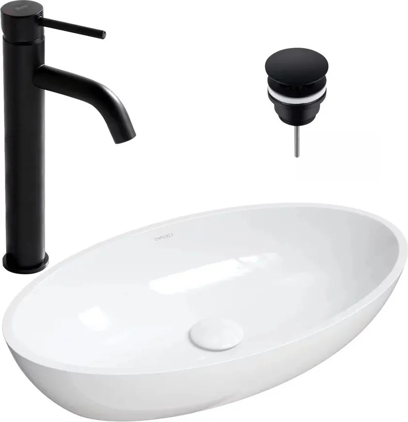Pachet lavoar pe blat Omnires Siena M+ alb 60 cm, baterie lavoar Rea Lungo negru si ventil lavoar Click-Clack D negru