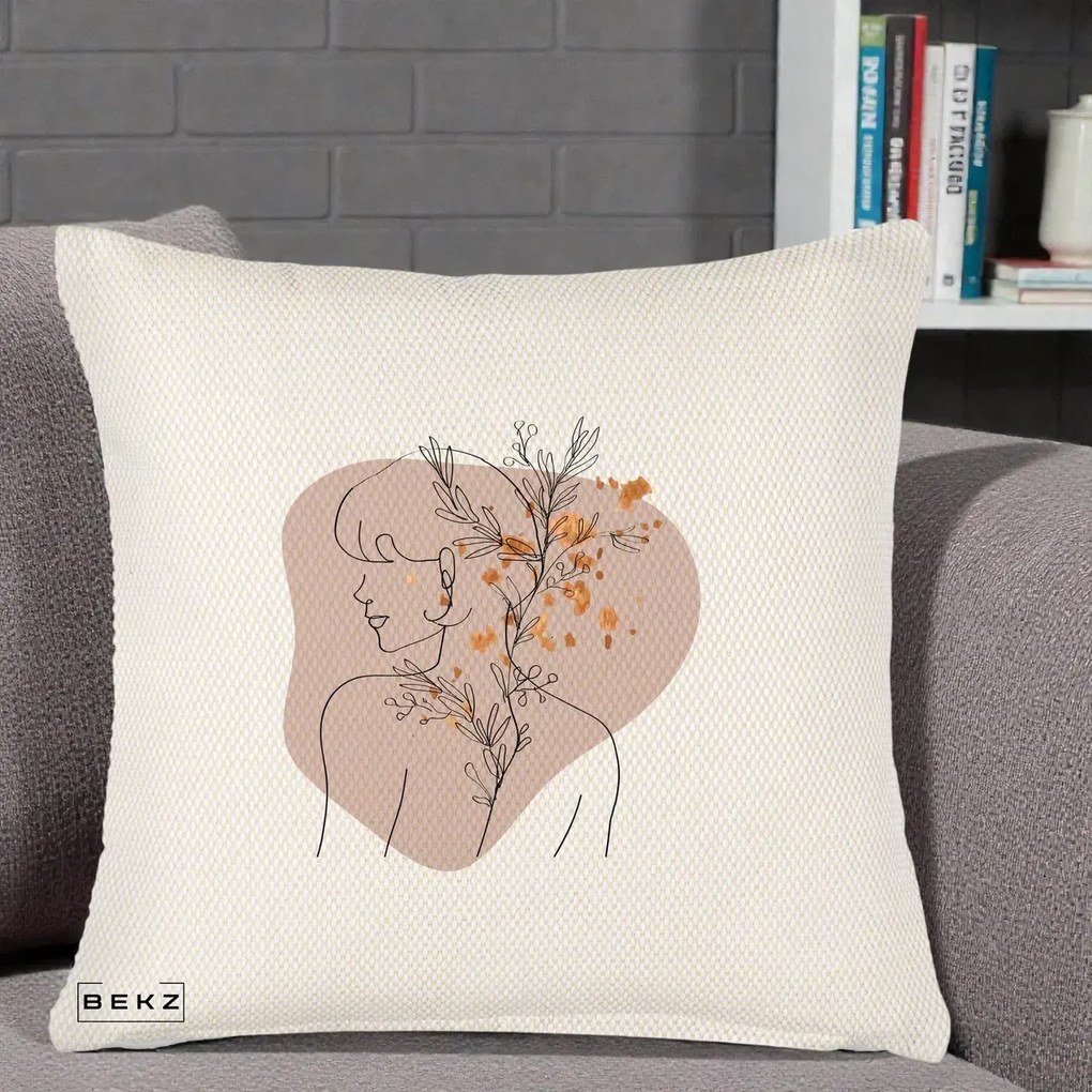 Perna Decorativa Femeie cu Flori Line Art Boho, 40x40 cm, Crem Reliefat, Husa Detasabila, Perna Inclusa, BEKZ®
