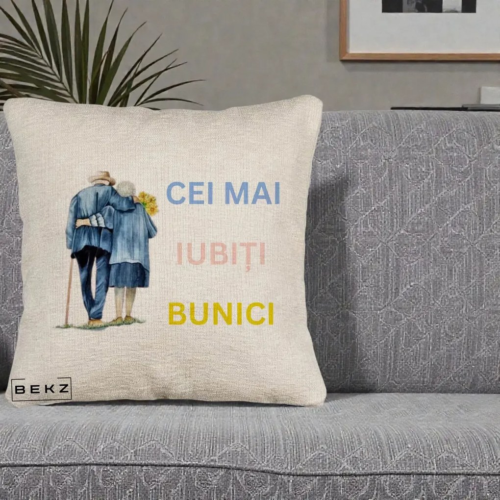 Cadou pentru Bunici - Perna Personalizata Cei Mai Iubiti Bunici Acuarela Spate, 40x40 cm, Bej Canapea, Husa Detasabila, Perna Inclusa, BEKZ®