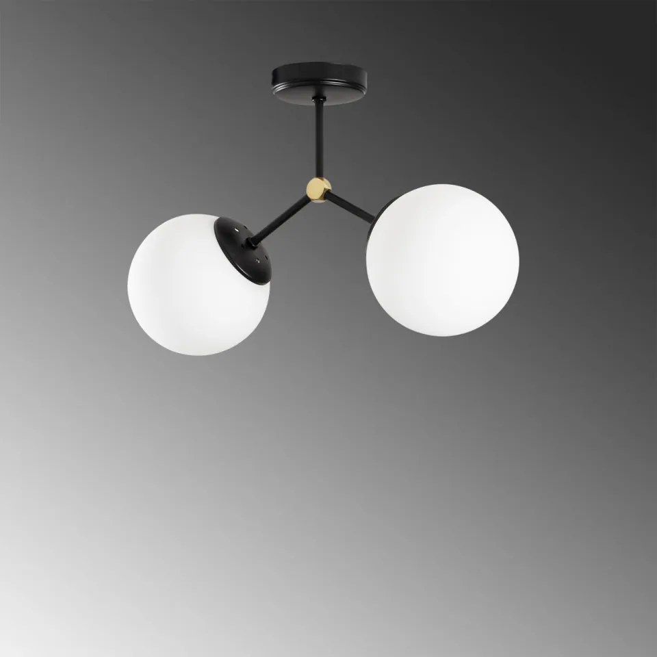 Lustra 2 Becuri cu Abajur de Sticla Damar - 6331, Soclu E27, Max. 40W, Culoare Negru / Alb