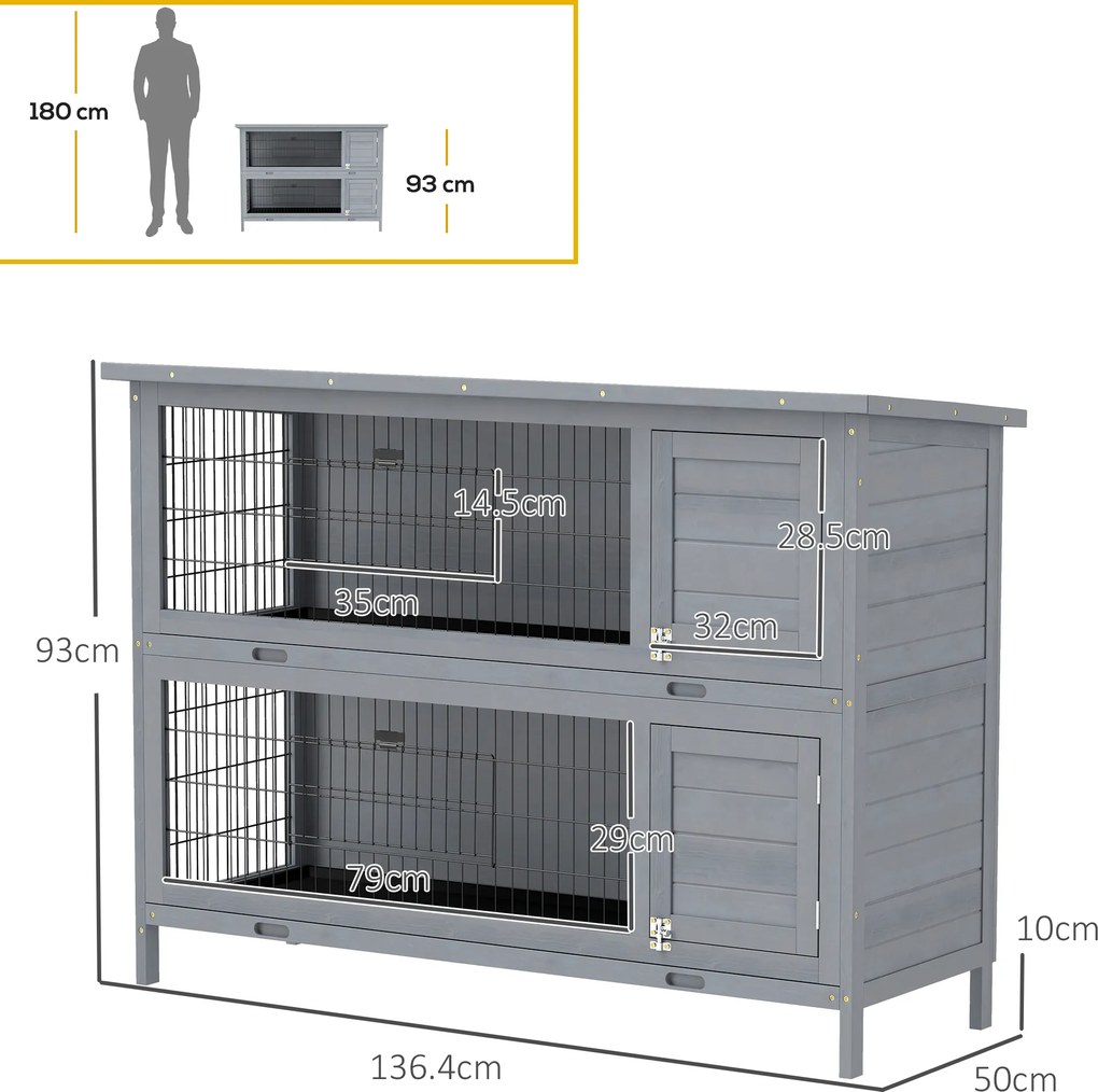 PawHut Cușcă pentru iepuri din lemn cu 2 etaje, acoperiș asfaltat, tavă de podea, uși pentru animale mici, 136,4 x 50 x 93 cm, Gri | Aosom Romania