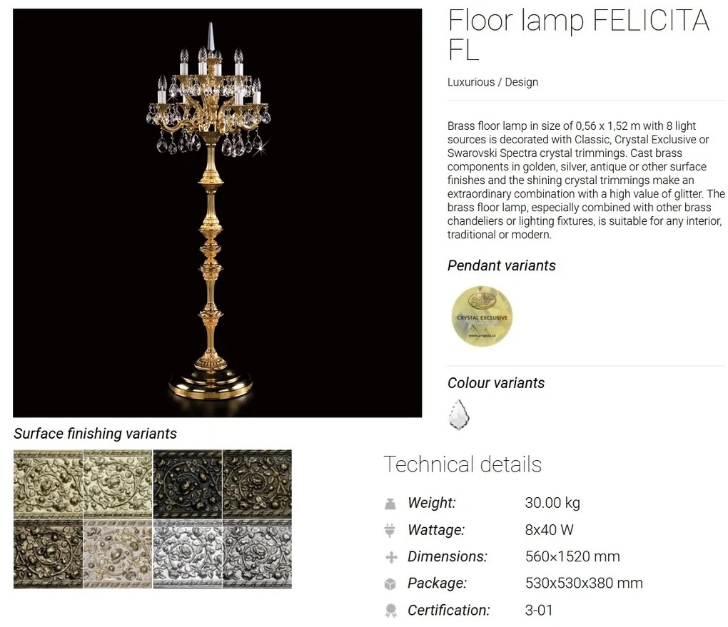 Lampadar, lampa de podea Cristal Bohemia Exclusive FELICITA FL