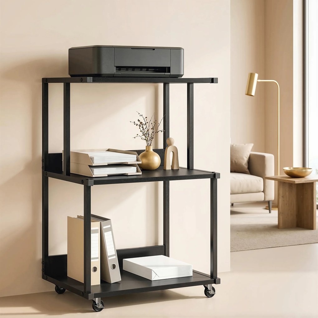 HOMCOM Suport pentru Imprimantă cu 3 Niveluri, Tavă Industrială Metalică pentru Birou, Negru | Aosom Romania