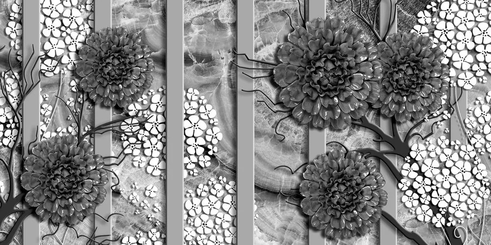 Tablou flori abstracte pe fundal din marmură alb-negru
