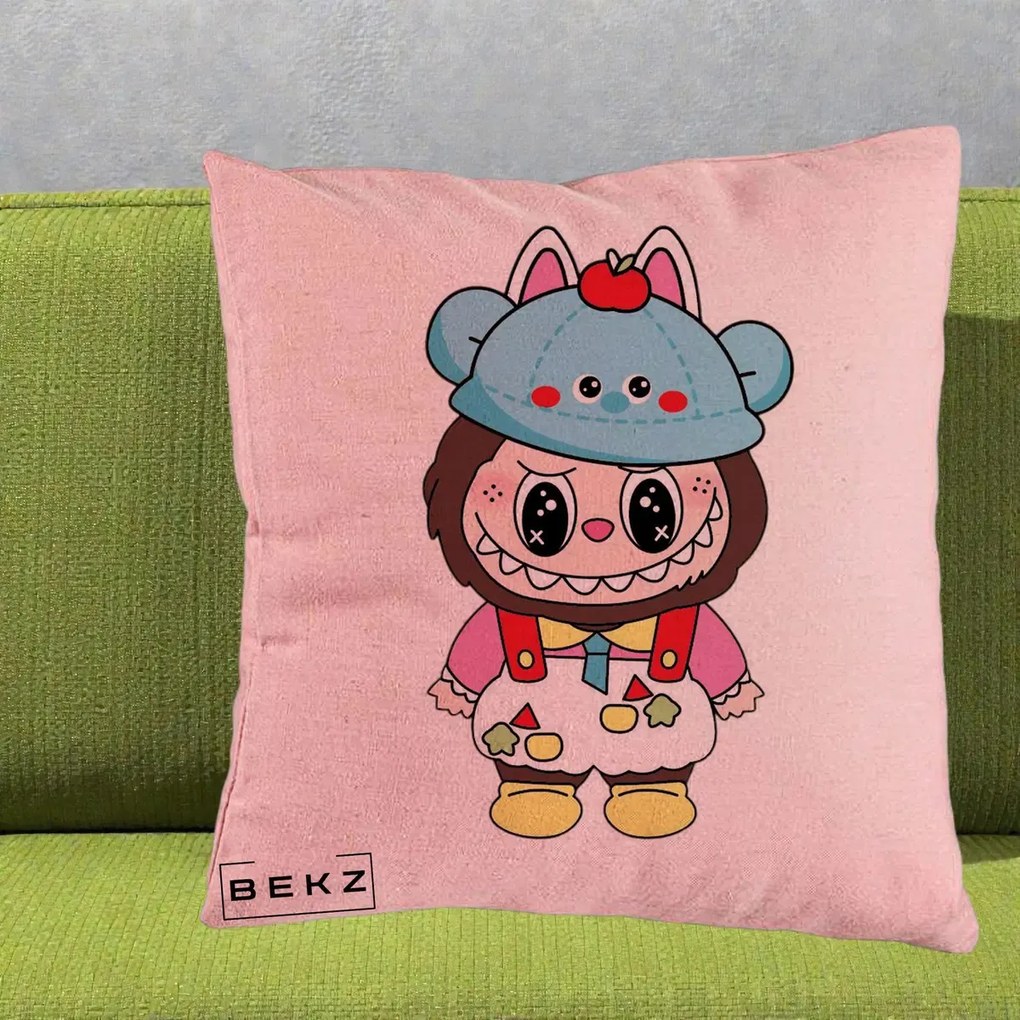 Perna Personalizata Labubu x Urs Albastru Colorat, 40x40 cm, Roz, Husa Detasabila, Perna Inclusa, BEKZ®