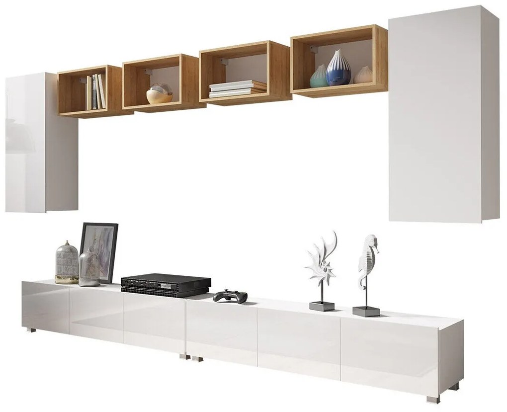 Camera de zi Providence B153Alb, Stejar auriu, Alb lucios, Cu comodă tv, Cu componente suplimentare, Părți separate, PAL laminat, 300x43cm, 108 kg