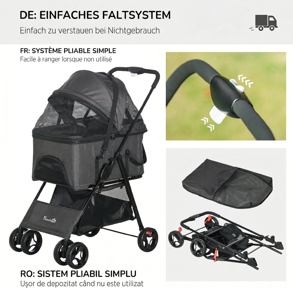 PawHut Cărucior 3 în 1 pentru Câini, Cărucior pentru Animale de Companie cu Lesă, Pernă, Coș și Baldachin, 76x51x100 cm, Gri | Aosom Romania