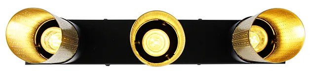 Plafoniera industrială neagră cu auriu, de formă alungită, cu 3 lumini - Raspi