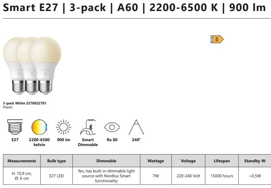 Set 3 becuri Smart E27 A60 7W 2200-6500K 900Lm White