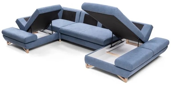 Colțar extensibil tapițat AVESTA în formă de U, cu spațiu generos de depozitare, albastru