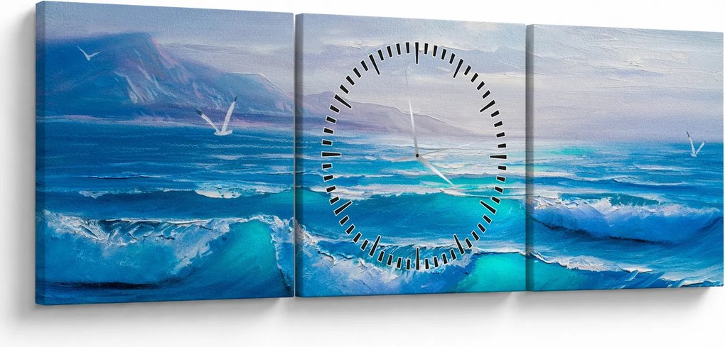 Tablou - Pictură în ulei de mare cu pescăruși (cu ceas) (90x30 cm)