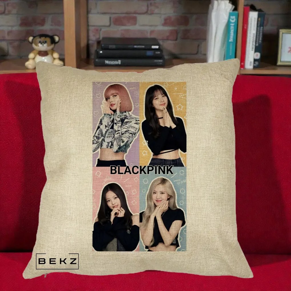 Perna Personalizata K-pop BLACKPINK Negru, 40x40 cm, Crem, Husa Detasabila, Perna Inclusa, BEKZ®