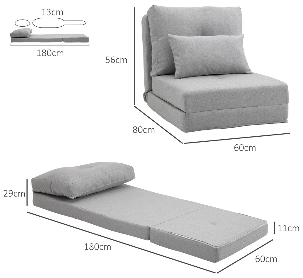 HOMCOM Fotoliu Pat 3 în 1 Convertibilă în Șezlong și Divan de Pe Podea cu 2 Perni, Gri Deschis | Aosom Romania