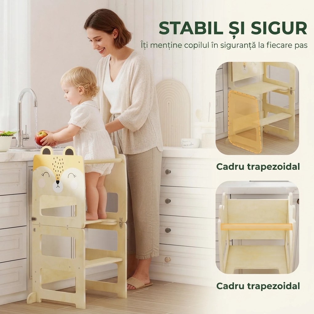 Turn Montessori AIYAPLAY pentru Copii 2-5 Ani cu Tablă și Măsuță, Scăunel pentru Copii din Placaj, 57x39x93 cm, Culoare Lemn | Aosom Romania