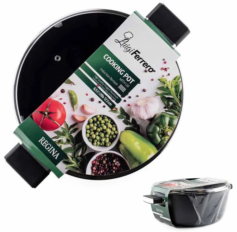 Cratiță Luigi Ferrero Regina FR-2840, 28x12.5 cm, 6.5 l, Acoperire neaderentă din marmură, Capac din sticlă cu orificiu pentru abur, Inducție, Negru