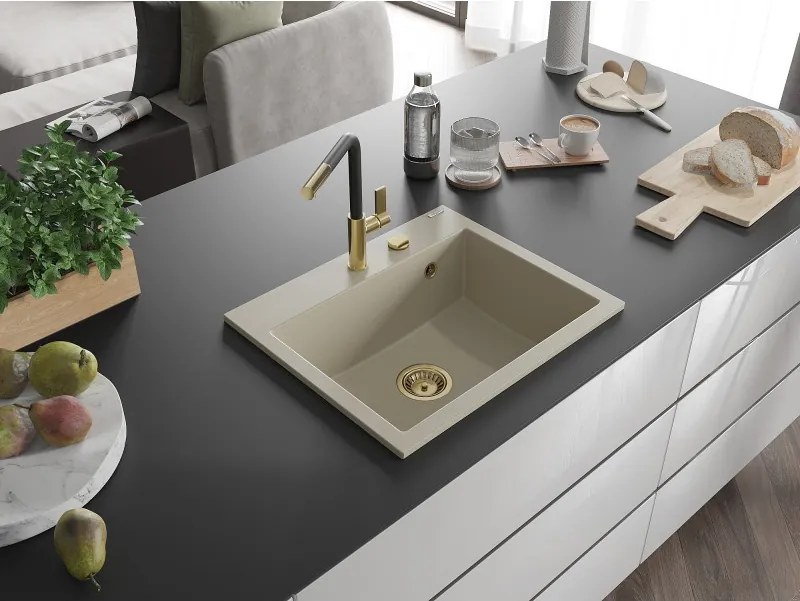 Mexen Oscar chiuvetă granit 1-cu-vadru 580 x 490 mm, bej, sifon auriu - 6519581000-69-G