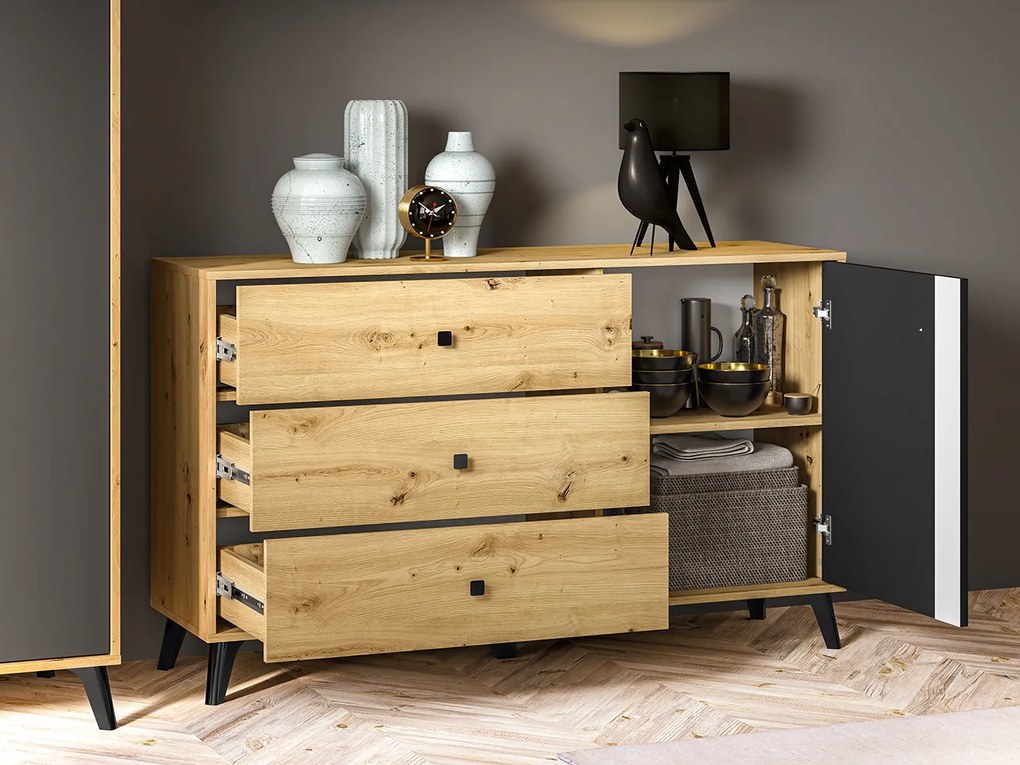 Comoda cu 3 sertare si 1 usa, stejar artisan negru, 138x83x40 cm, modern ,model pe mijloc usa, picioare negre , pentru living , dormitor, hol stejar