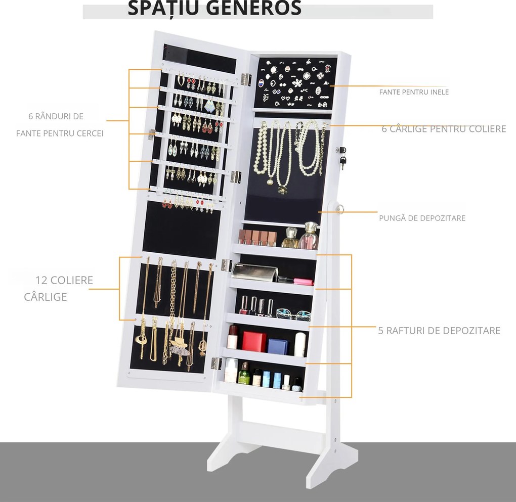 HOMCOM Dulap pentru Bijuterii cu Oglindă și LED-uri, Spațiu Amplu de Depozitare, 40x37x146 cm, Alb | Aosom Romania