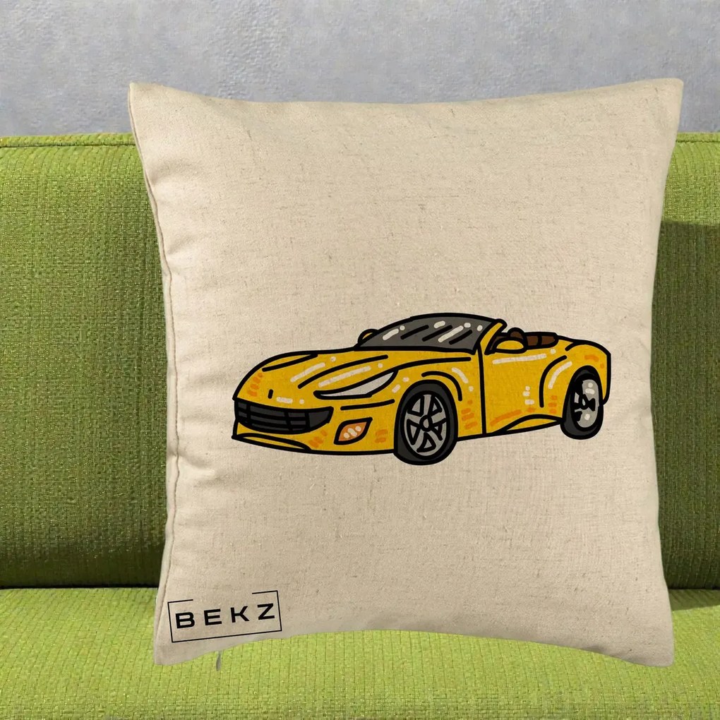 Perna Personalizata Masina Cabriolet Galbena Grafic, 40x40 cm, Bej, Husa Detasabila, Perna Inclusa, BEKZ®