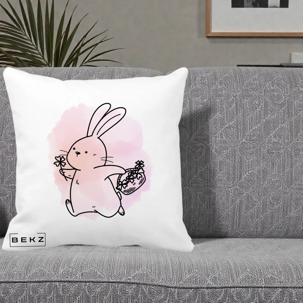 Perna Decorativa Iepuras Kawaii cu Cosulet Floral, 40x40 cm, Alba Mata, Husa Detasabila, Perna Inclusa, BEKZ®