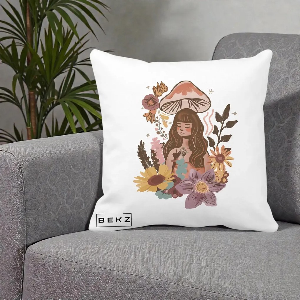 Perna Decorativa Fata Ciuperca Boho Florala, 40x40 cm, Alba Mata, Husa Detasabila, Perna Inclusa, BEKZ®