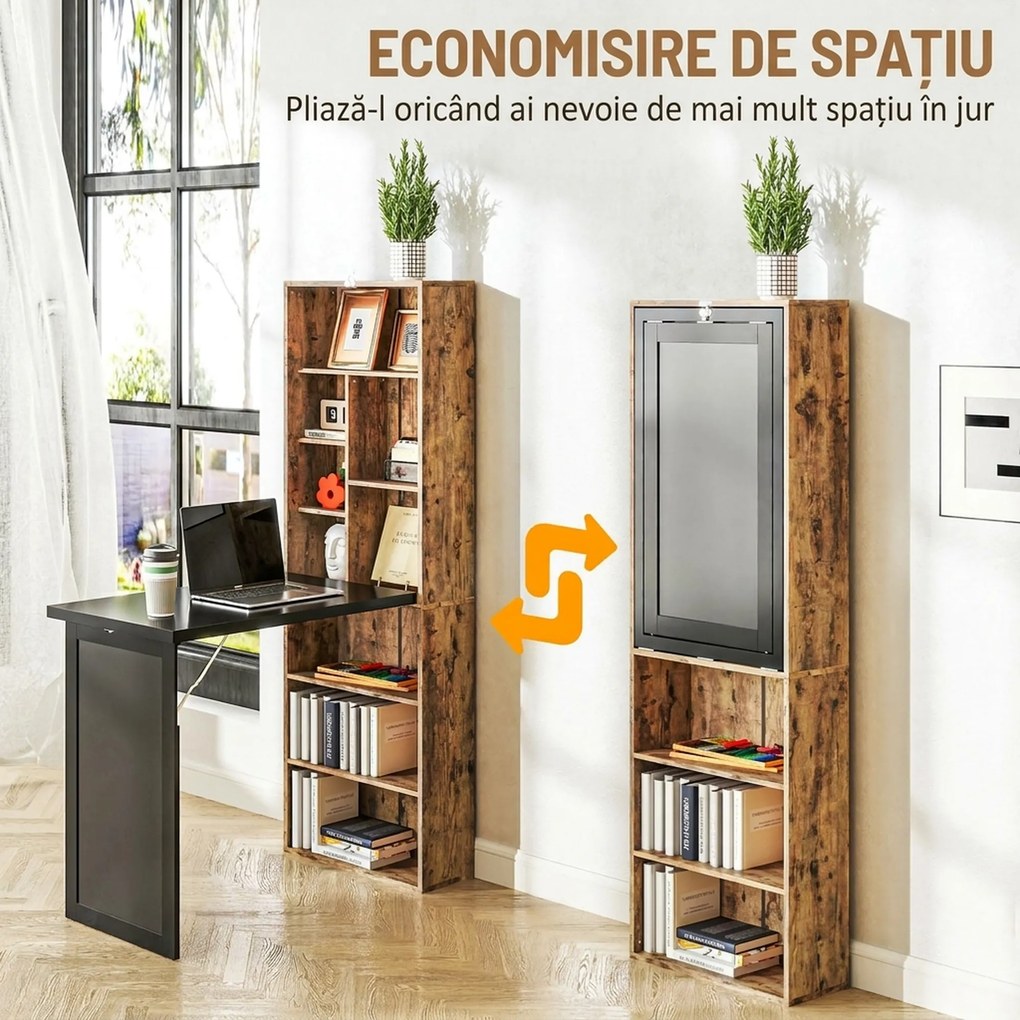 HOMCOM Birou Modern Pliabil cu Bibliotecă și Tablă, din Lemn și Metal, 98x51x153 cm, Maro Rustic | Aosom Romania