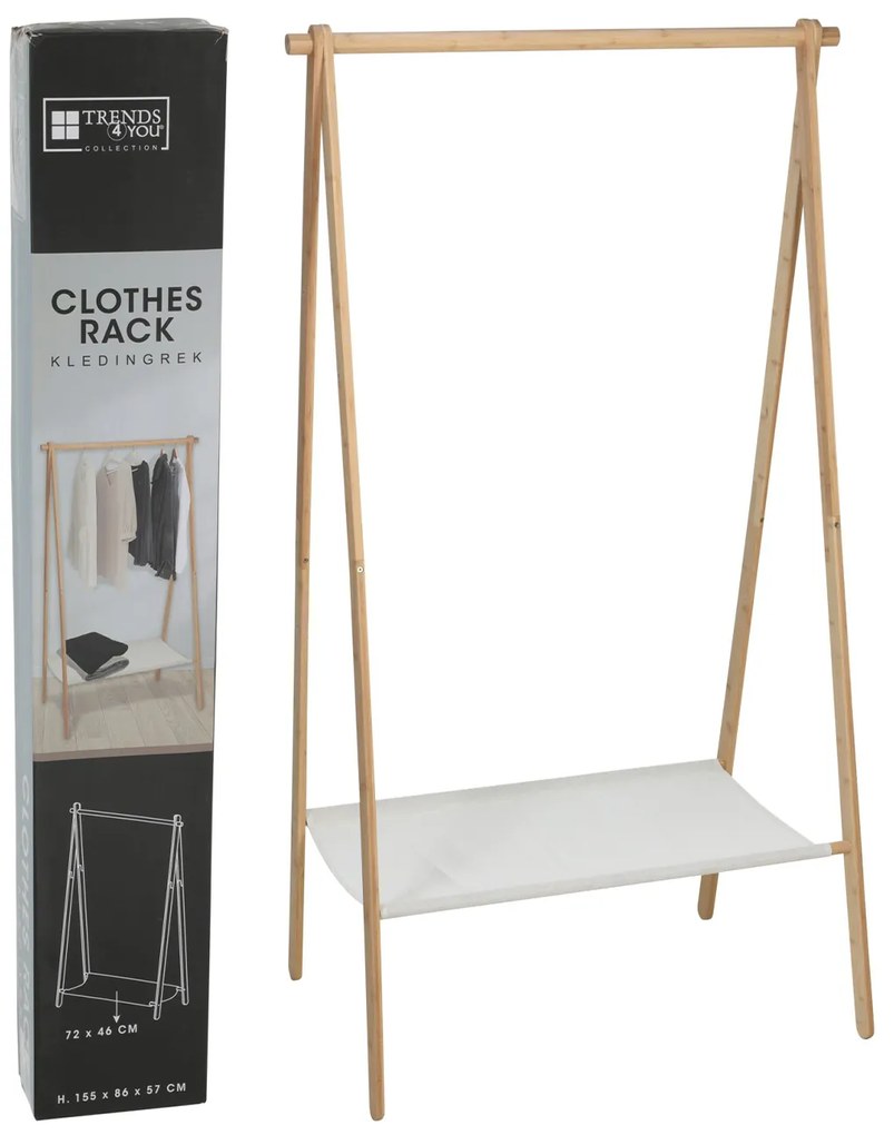 Suport pentru haine  cadru din bambus  raft  textil alb 86 x 57 x 155 cm