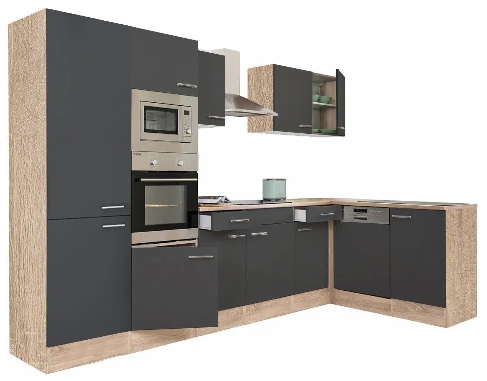 Mobilă de bucătărie de colț Yorki 340, corp din stejar sonoma, față antracit satinat, cu dulap cu raft