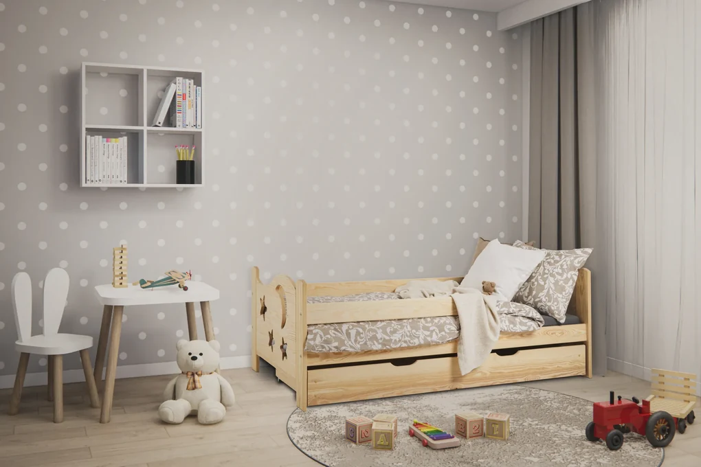 Pat pentru copii MOON 80 x 160 cm, pin Saltea: saltea EASYSOFT 8 cm, Somiera: cu somiera din lamele