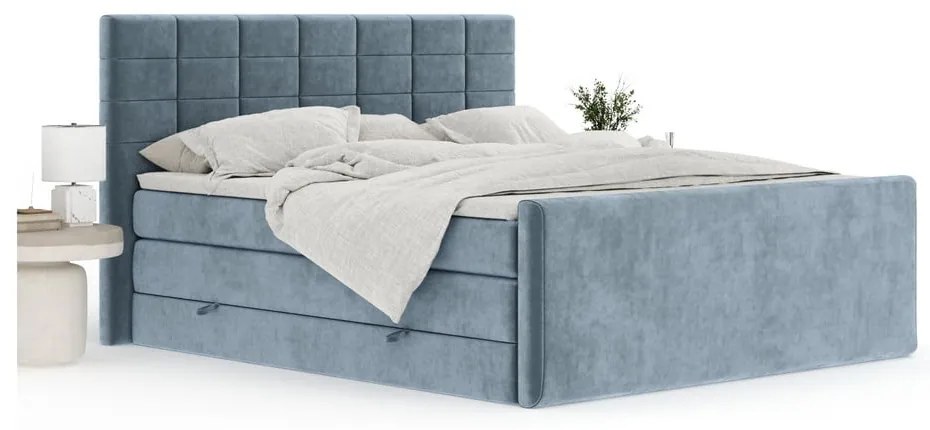 Pat boxspring albastru cu spațiu de depozitare 140x200 cm Ava – Maison de Rêve