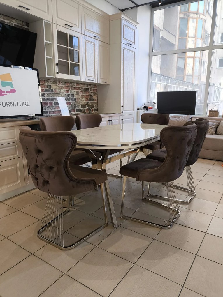 SET STELLA MARO CU ARGINTIU MASA+6 SCAUNE, BLAT ALB