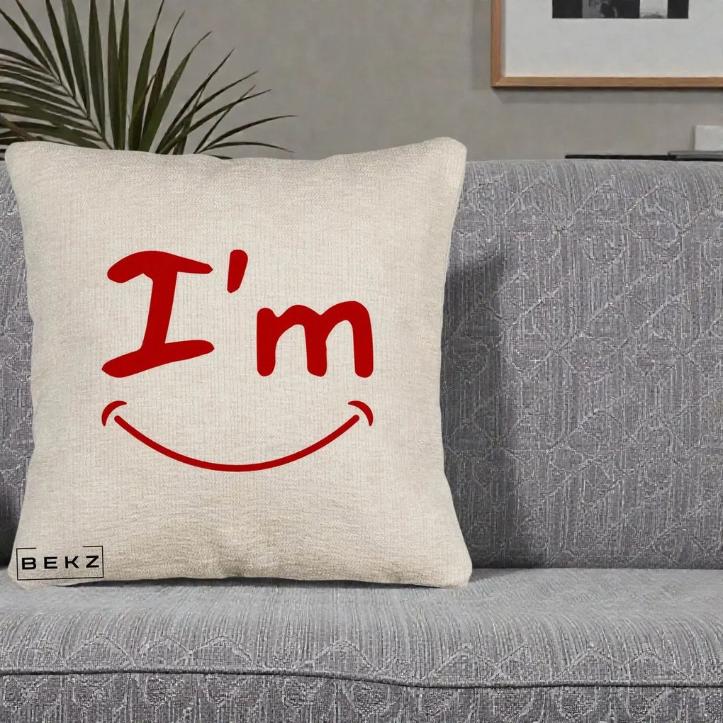 Perna Decorativa I'm Happy Smile, 40x40 cm, Bej Canapea, Husa Detasabila, Perna Inclusa, BEKZ®