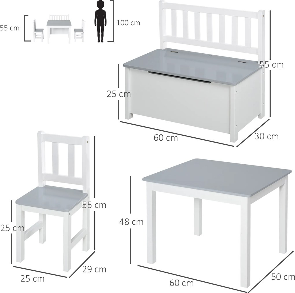 HOMCOM Set Mobilier pentru Copii 4 Piese, Masă, 2 Scaune, Bancă Depozitare, Lemn Multifuncțional, Alb și Gri | Aosom Romania